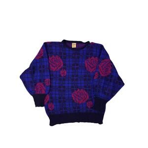 Vintage 80s Italian Sweater Red Rose Plaid Made in Italy 12/14